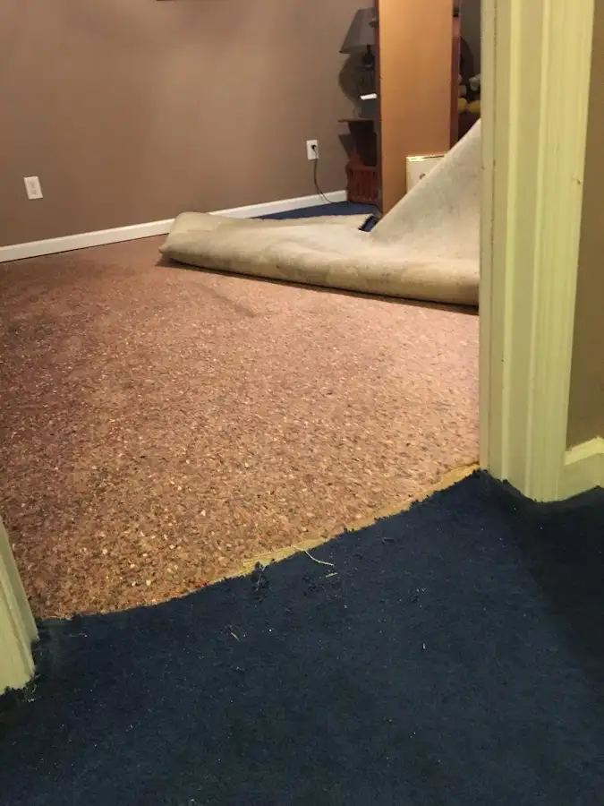 Carpet pad removal revealing water damage during Drying & Dehumidification in Suitland